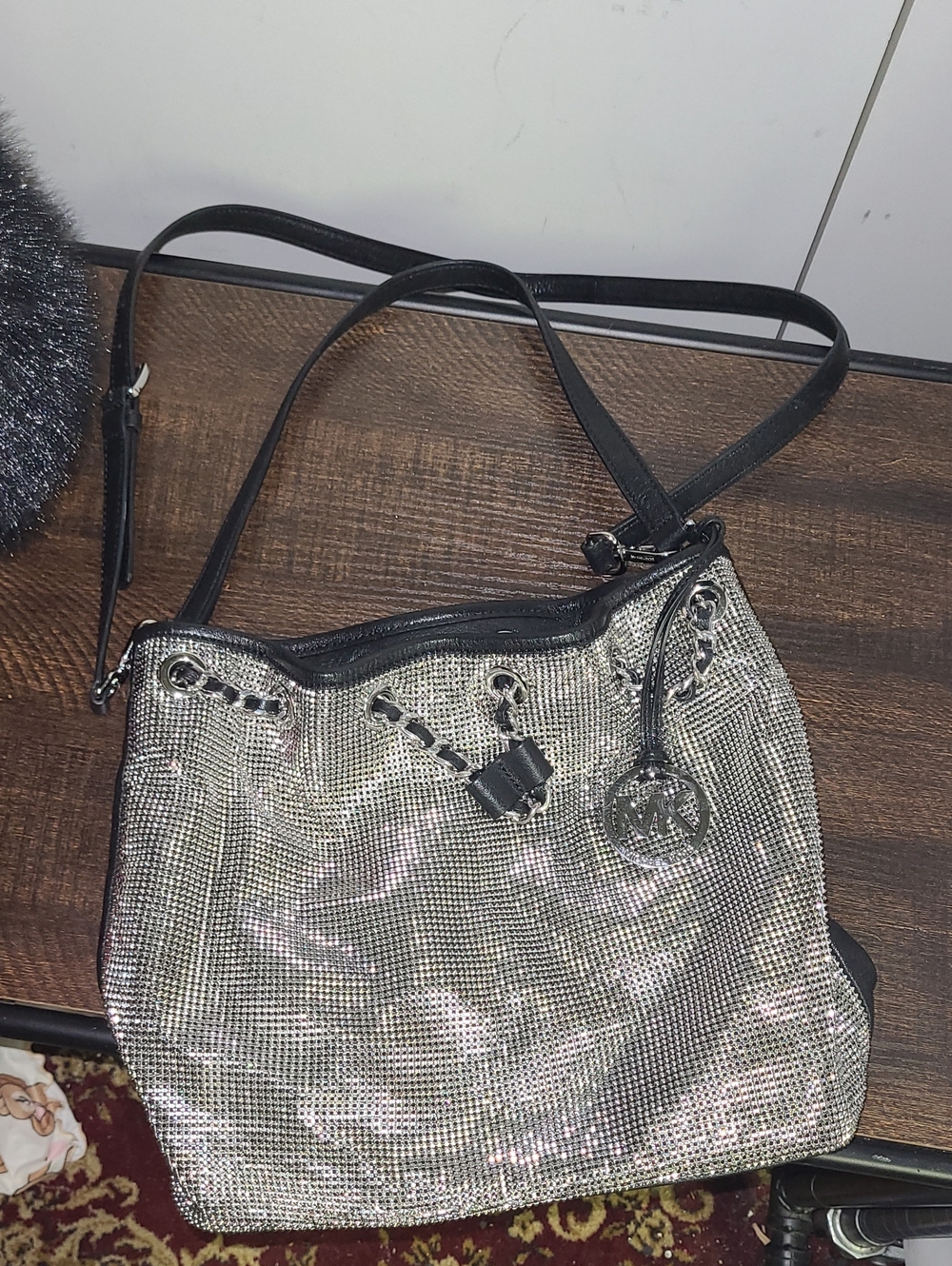 Michael Kors Silver Crystal Mesh Shoulder Bag with MK Charm